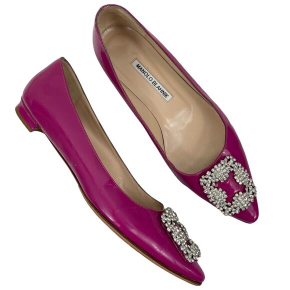 Manolo Blahnik Pink Hangisi Pointed Toe Patent Leather Flats Size 38 - Picture 3 of 16